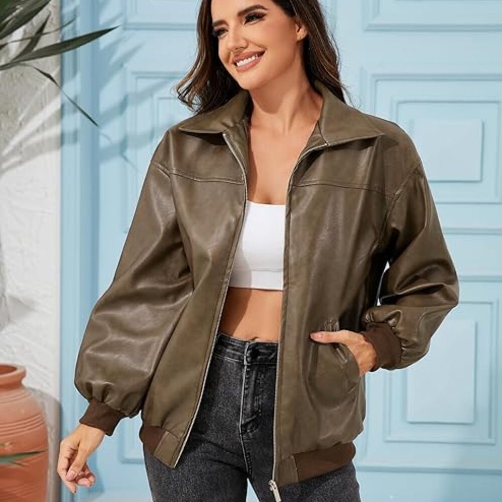 NEW! Leather Jacket Women Vintage Washed Faux Oversized Casual Coat-BROWN